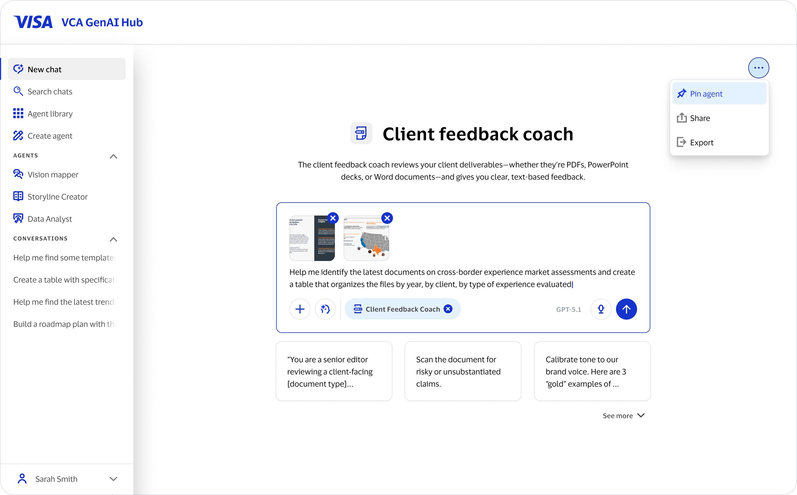 Agent detail view for Client feedback coach with conversation and next steps