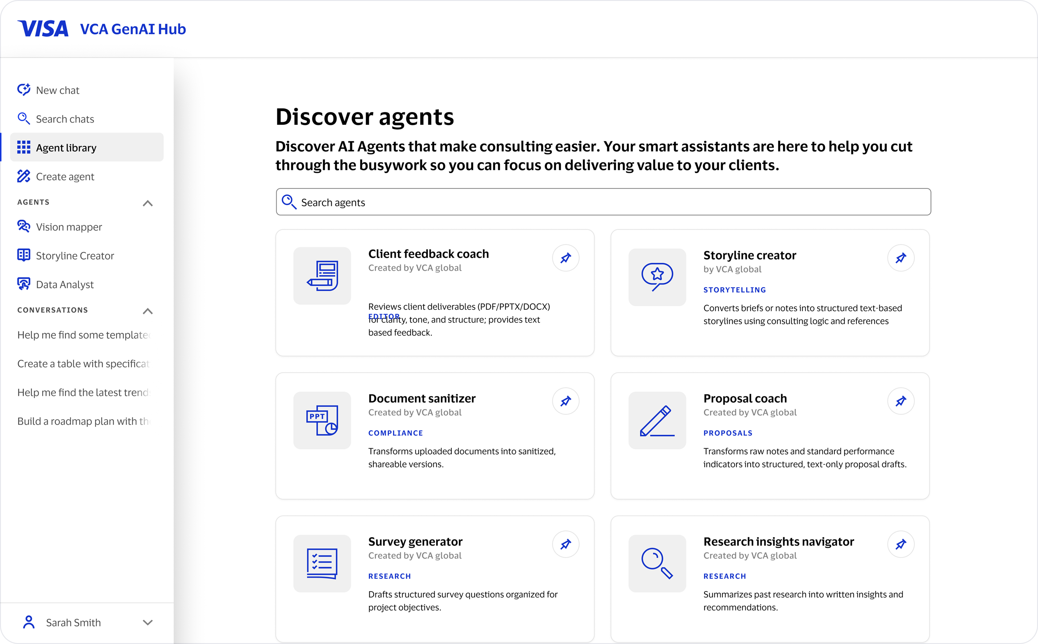 Discover agents marketplace grid with search and agent cards