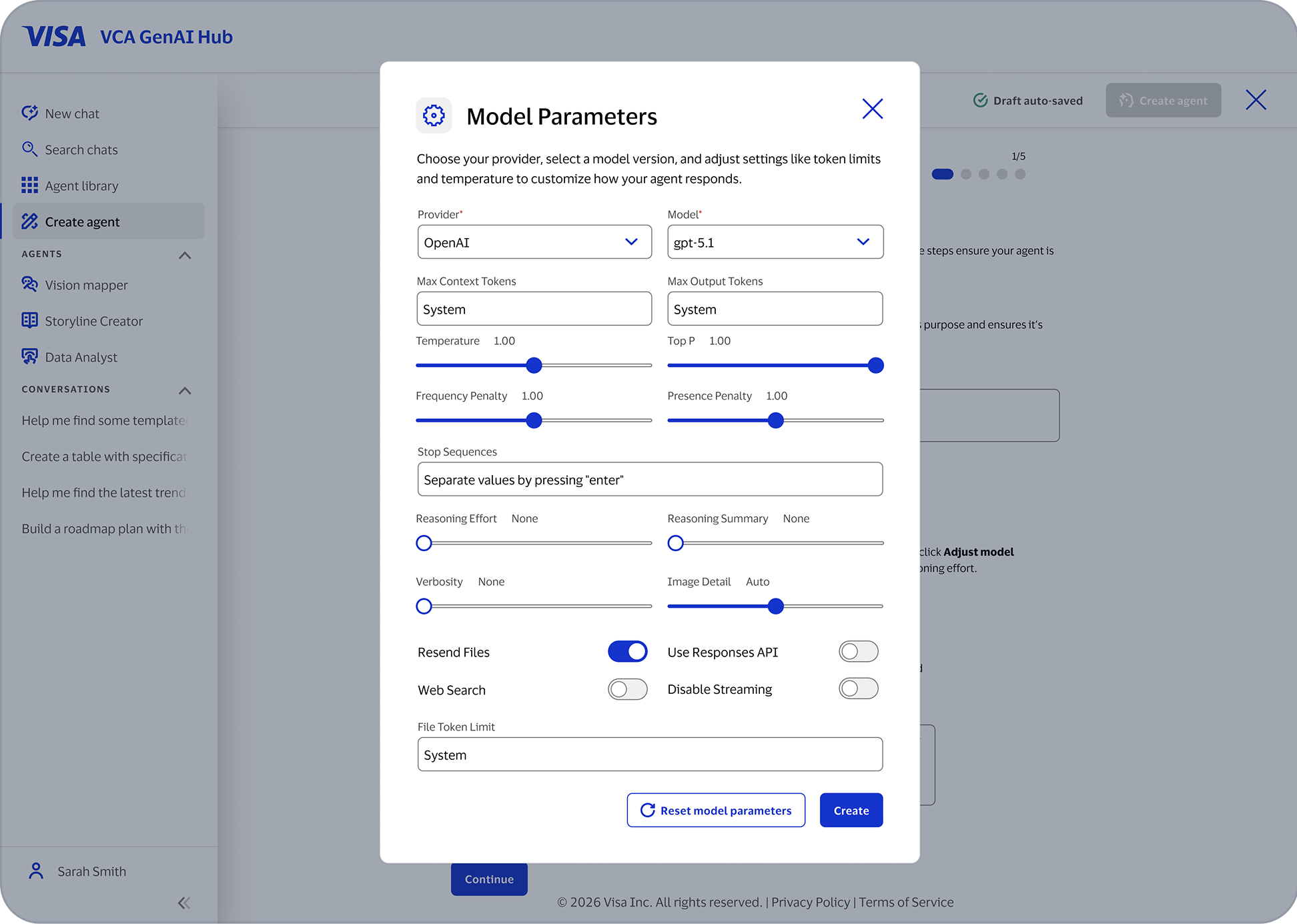 Create new agent modal with name, description, instructions, and knowledge fields