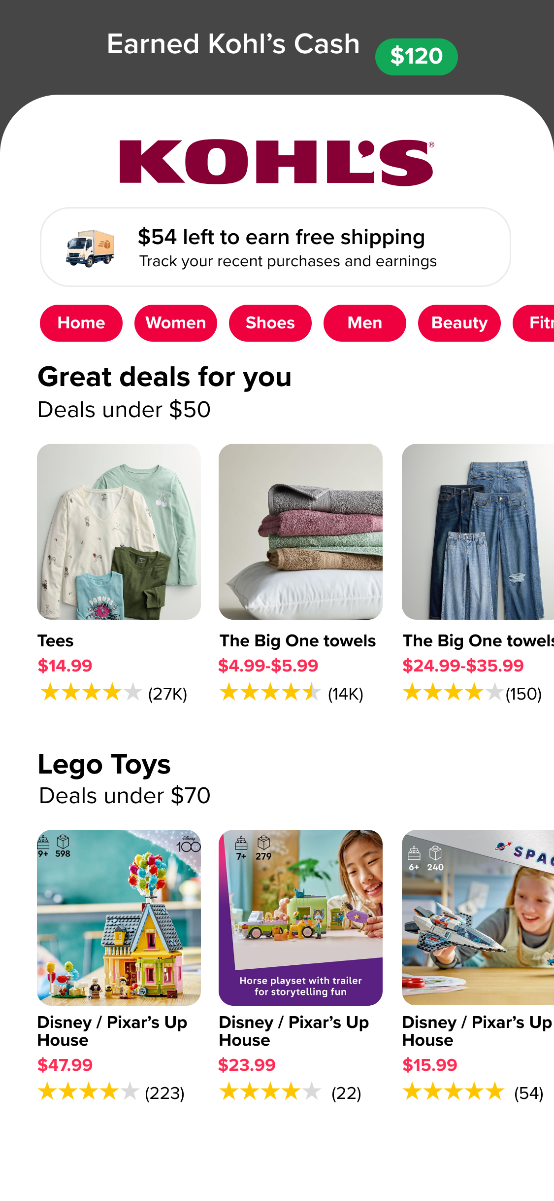 Kohl’s app home feed with rewards progress and product carousels