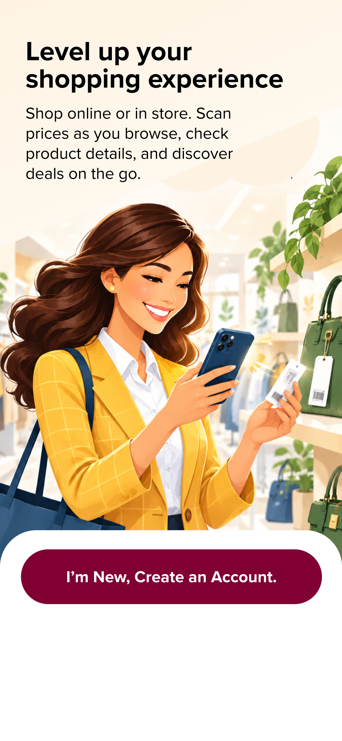 Illustrated shopper using phone in store with rewards benefits list