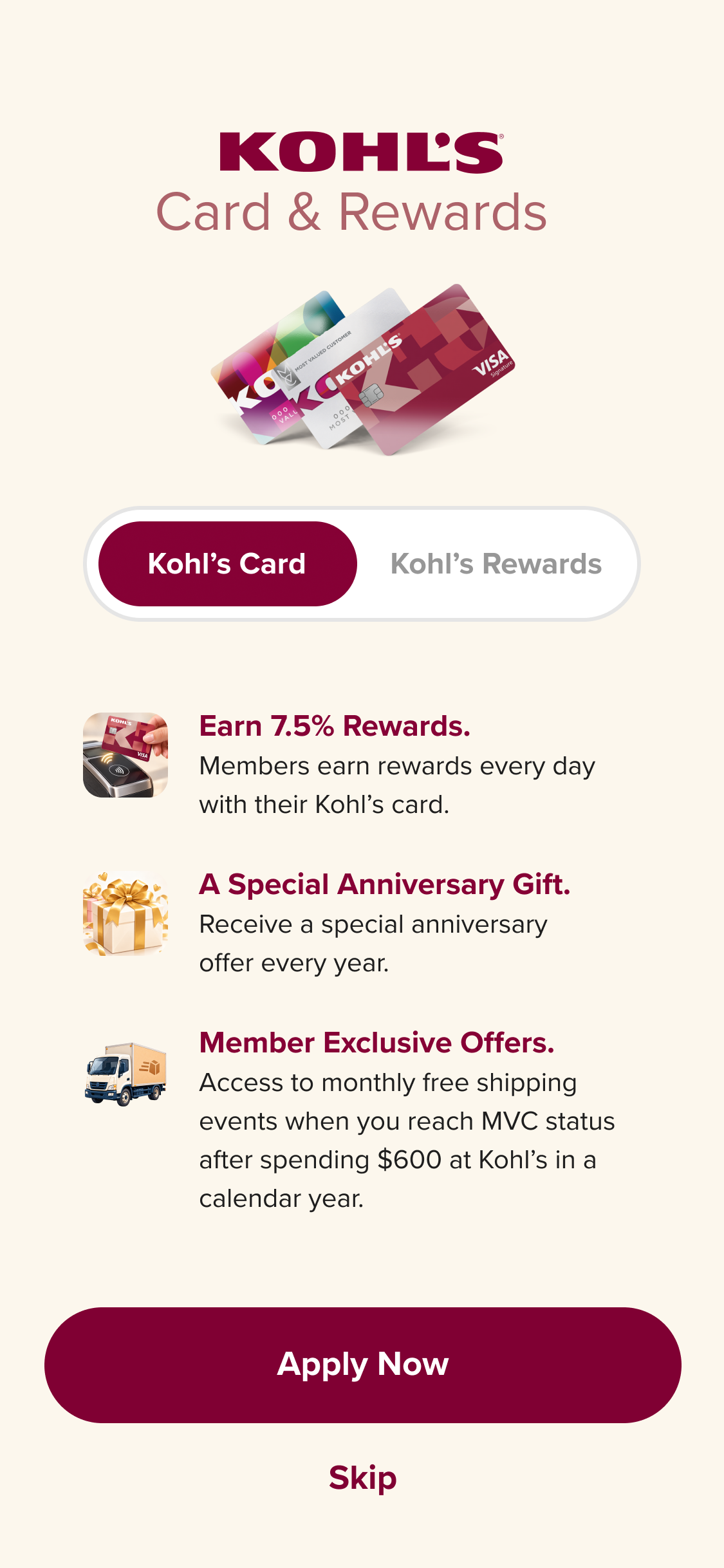 Kohl’s Card and Rewards management screen