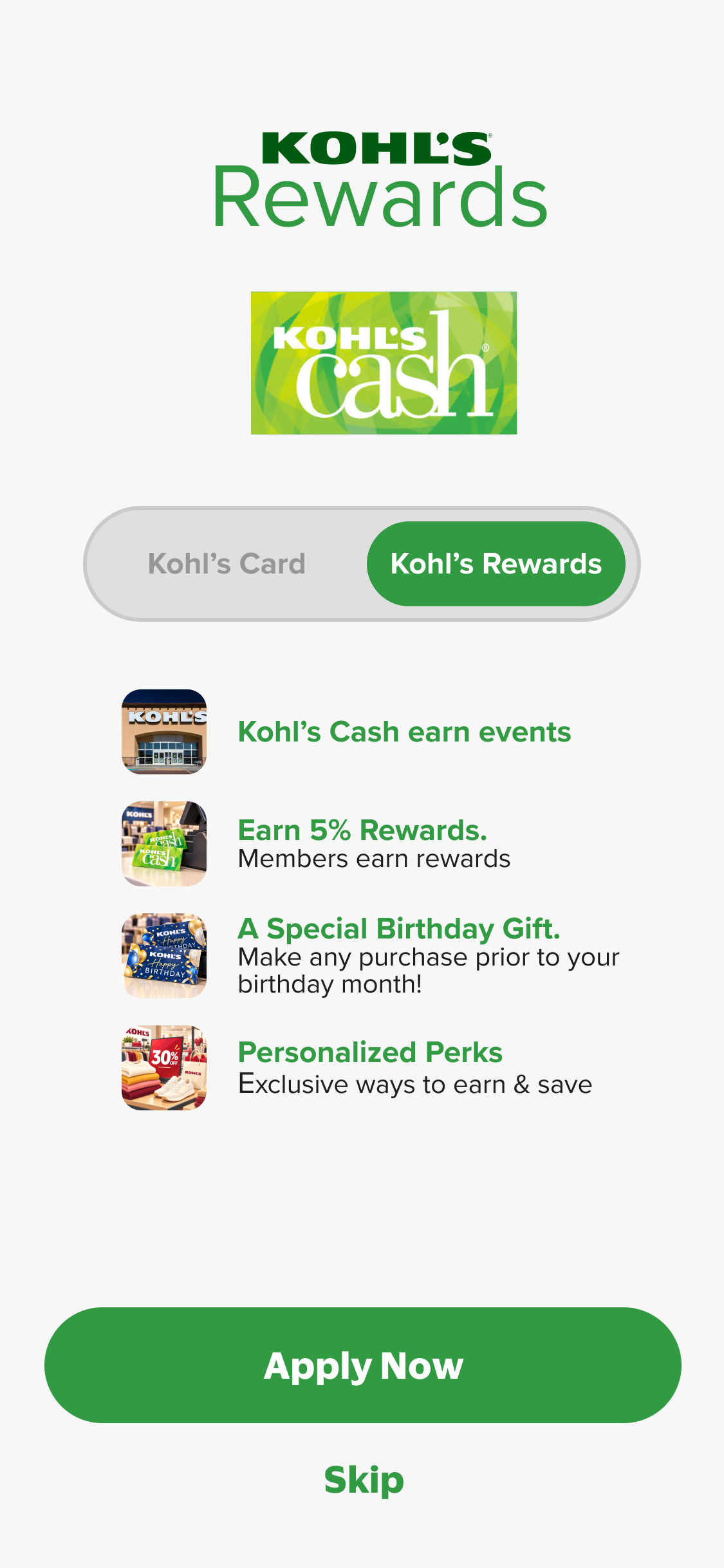 Mobile screen comparing Kohl’s Rewards, Kohl’s Cash, and Kohl’s Card