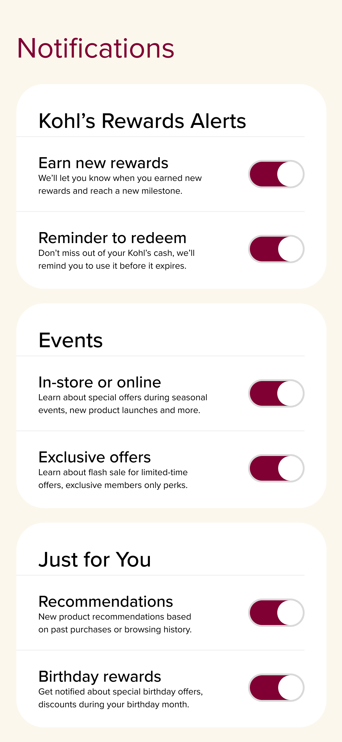 Notifications settings screen with rewards and offer alert categories