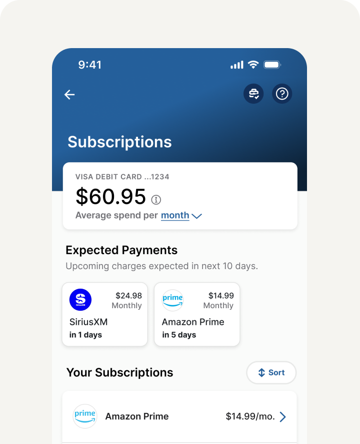 Subscription home screen showing upcoming payments and total cost