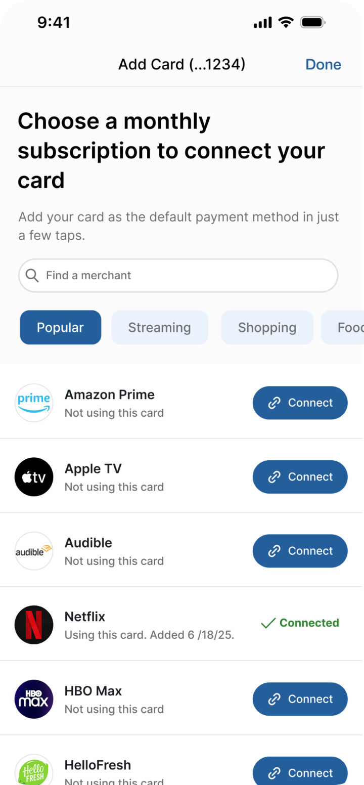 Connect payment method flow for subscriptions